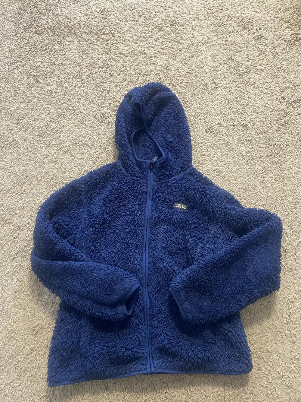 Eddie Bauer Jacket Youth Small 7-8 Blue Sherpa Fleece Hooded Full Zip Winter